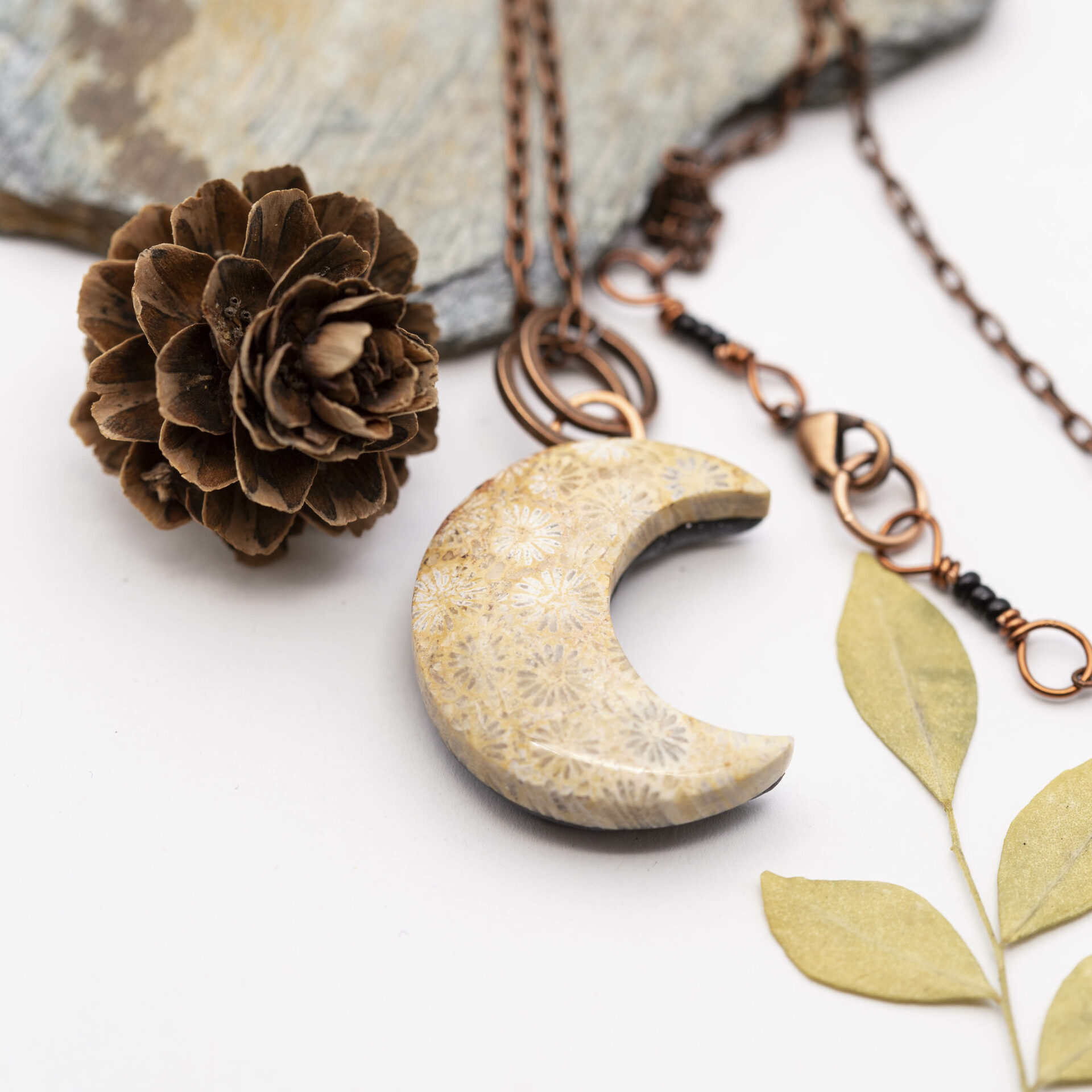 Crescent Moon Fossil Coral Copper Necklace - Spouse-ly